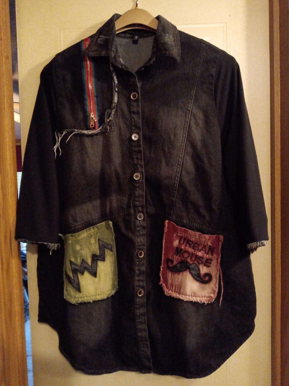 Black Washed Denim Button-Up Blouse with Colorful Patch Details